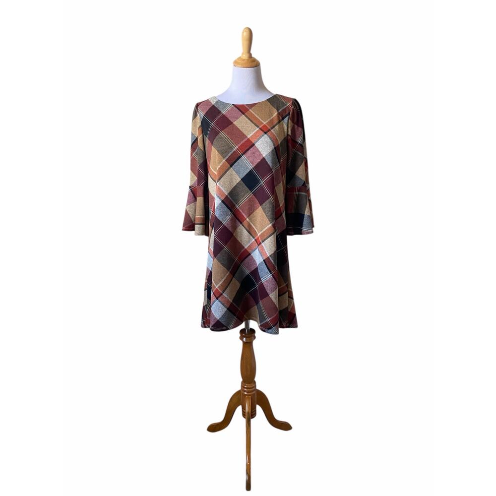 JH Brown/Red/Orange Plaid 3/4 Bell Sleeved Knee Length Dress- Size Medium